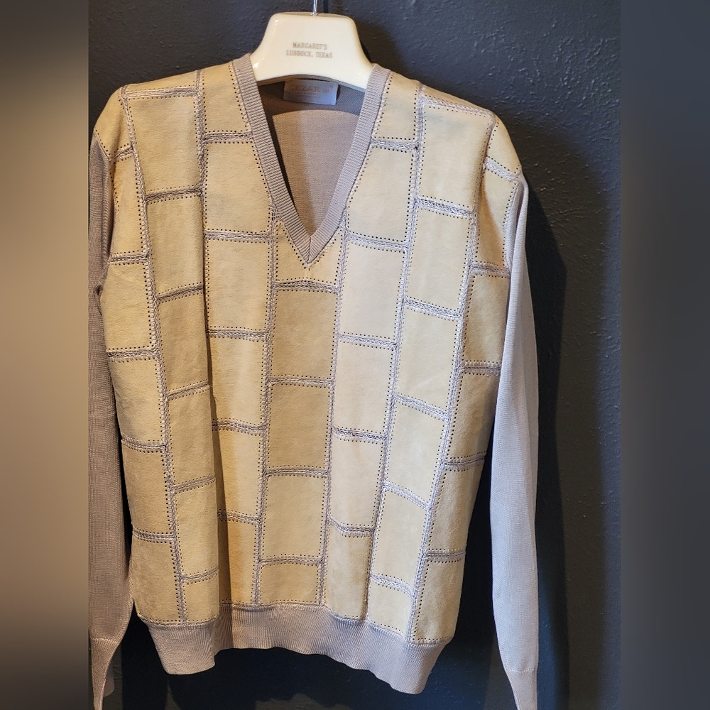 Cezar Vintage 60s Tan Silk V-neck Pullover With Suede Patch Front Medium - Picture 2 of 5